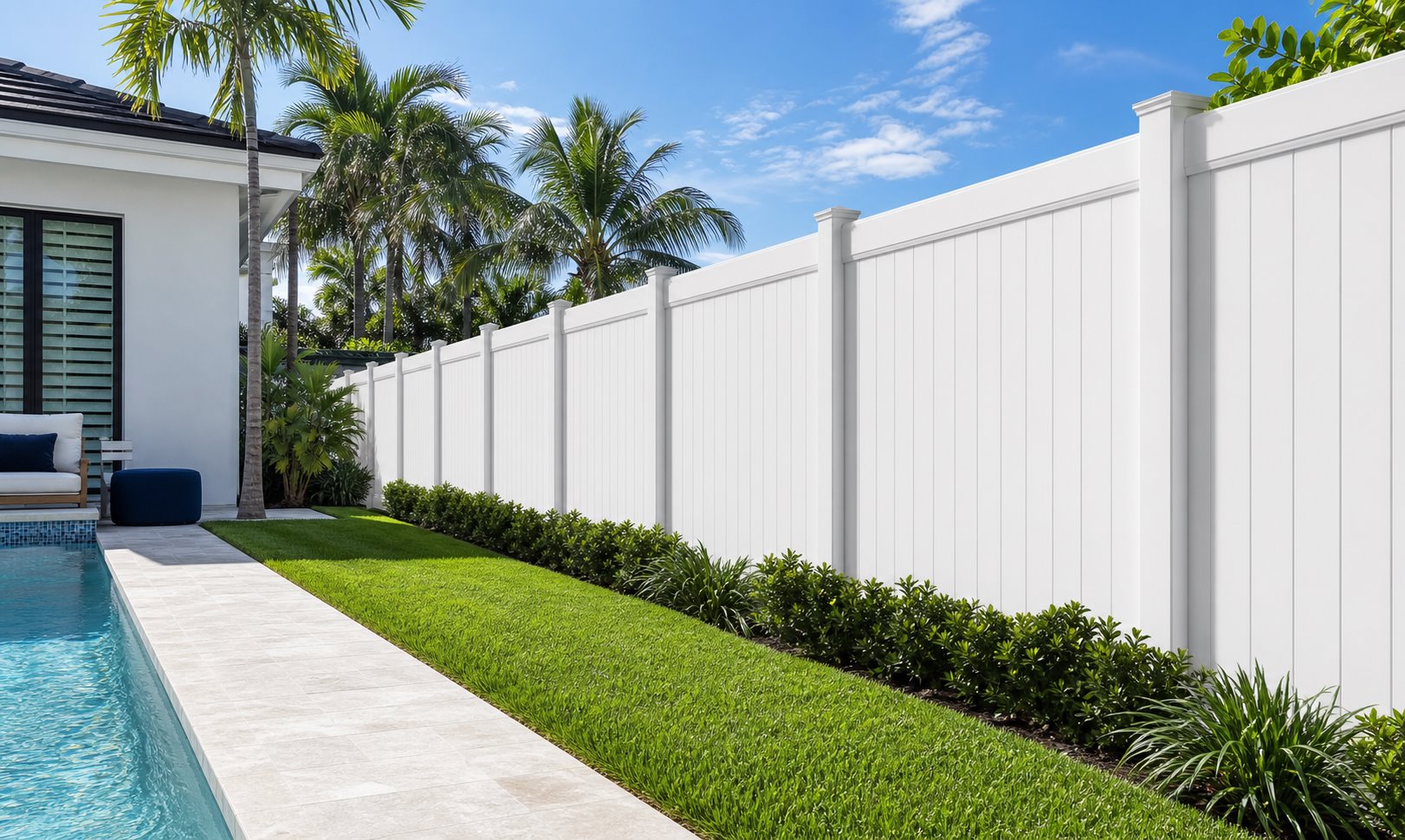 White PVC fence installation in a South Florida backyard